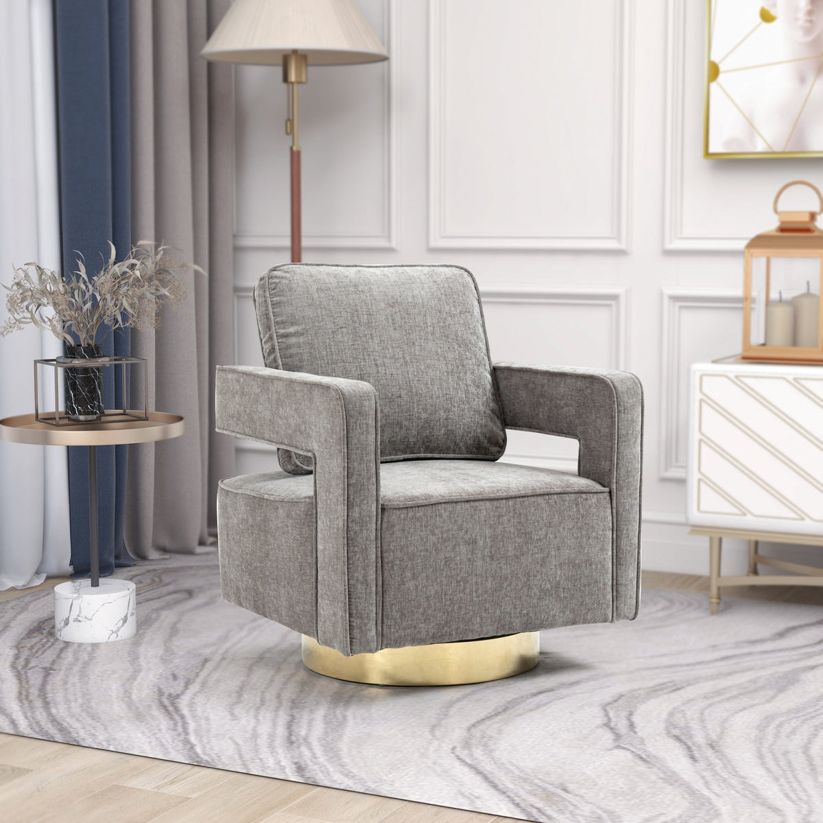 THE FURNITURE CO. Swivel Chair Open Back Gray Chenille Swivel Accent Chair With Gold Stainless Steel Base