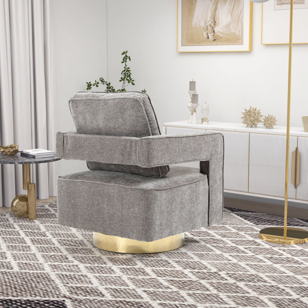 THE FURNITURE CO. Swivel Chair Open Back Gray Chenille Swivel Accent Chair With Gold Stainless Steel Base