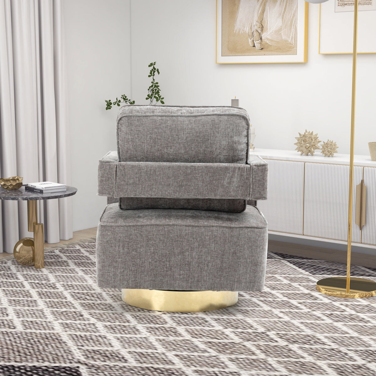 THE FURNITURE CO. Swivel Chair Open Back Gray Chenille Swivel Accent Chair With Gold Stainless Steel Base