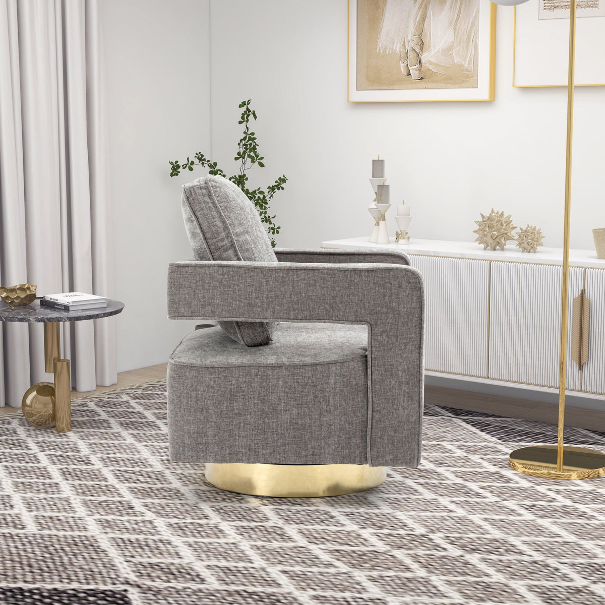 THE FURNITURE CO. Swivel Chair Open Back Gray Chenille Swivel Accent Chair With Gold Stainless Steel Base