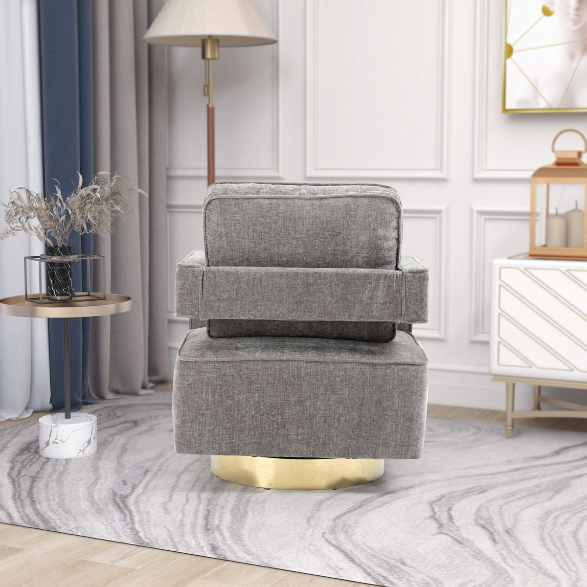 THE FURNITURE CO. Swivel Chair Open Back Gray Chenille Swivel Accent Chair With Gold Stainless Steel Base