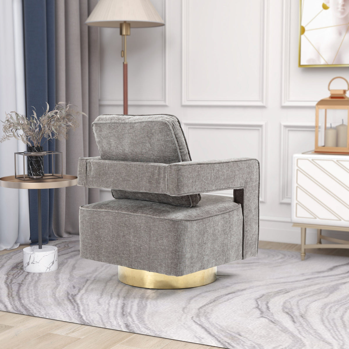 THE FURNITURE CO. Swivel Chair Open Back Gray Chenille Swivel Accent Chair With Gold Stainless Steel Base