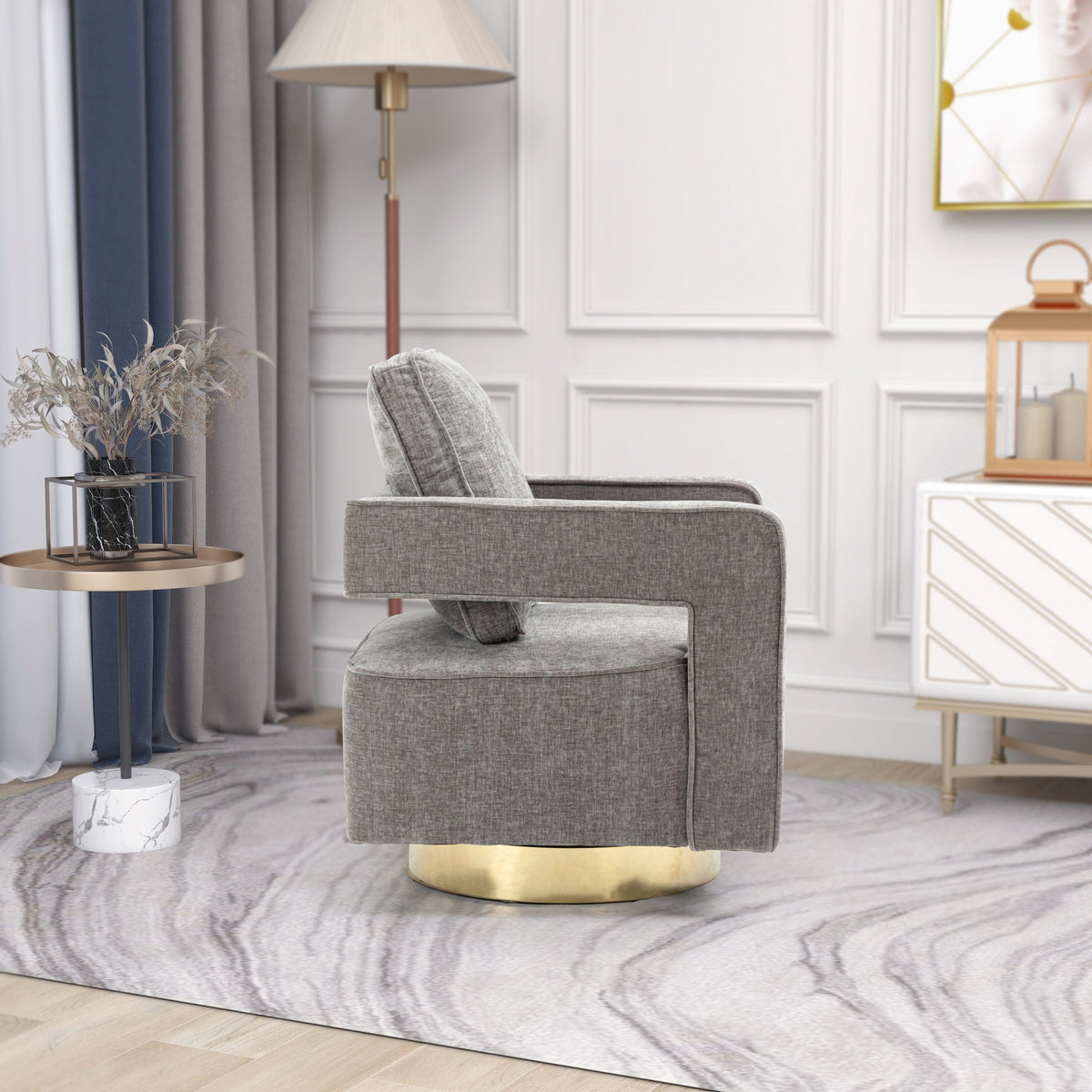 THE FURNITURE CO. Swivel Chair Open Back Gray Chenille Swivel Accent Chair With Gold Stainless Steel Base