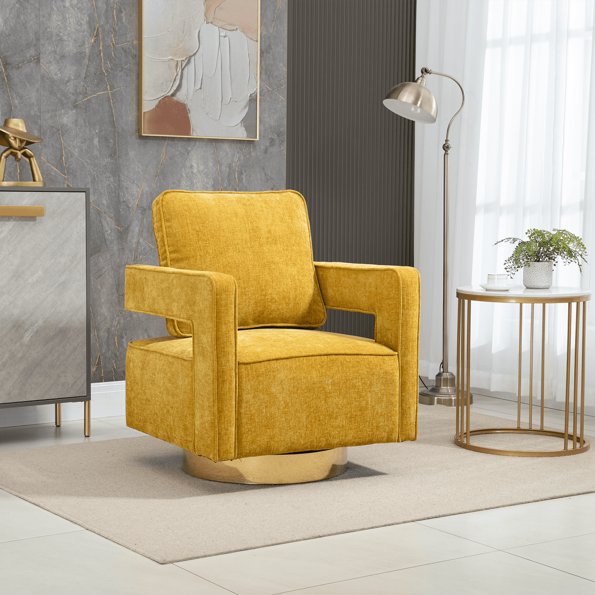 THE FURNITURE CO. Swivel Chair Open Back Mustard Chenille Swivel Accent Chair With Gold Stainless Steel Base