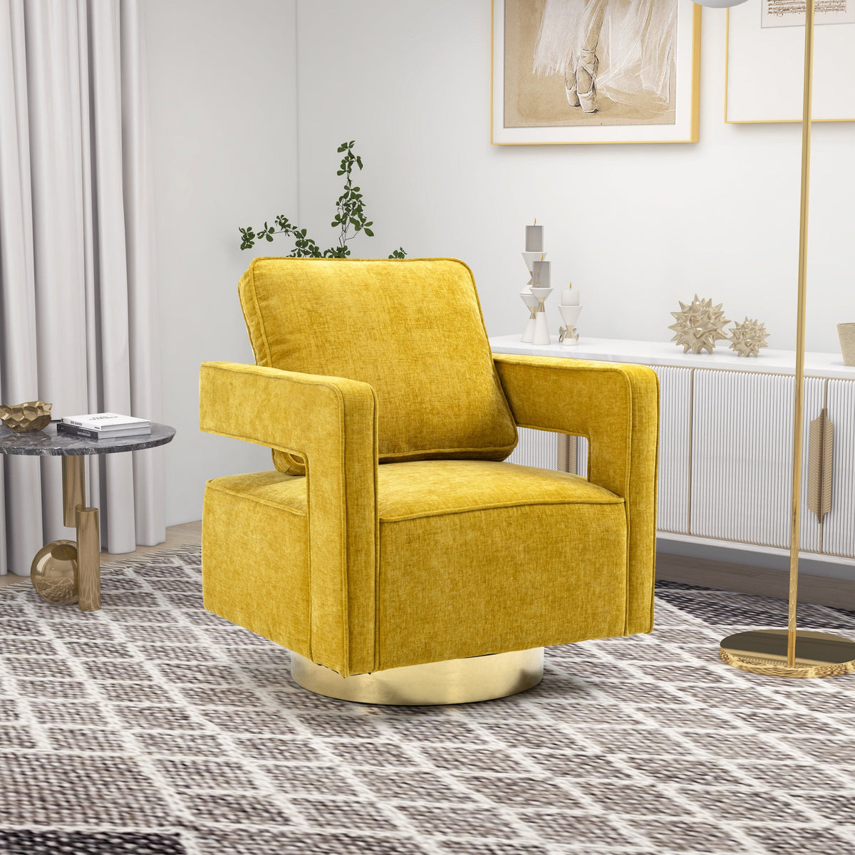 THE FURNITURE CO. Swivel Chair Open Back Mustard Chenille Swivel Accent Chair With Gold Stainless Steel Base