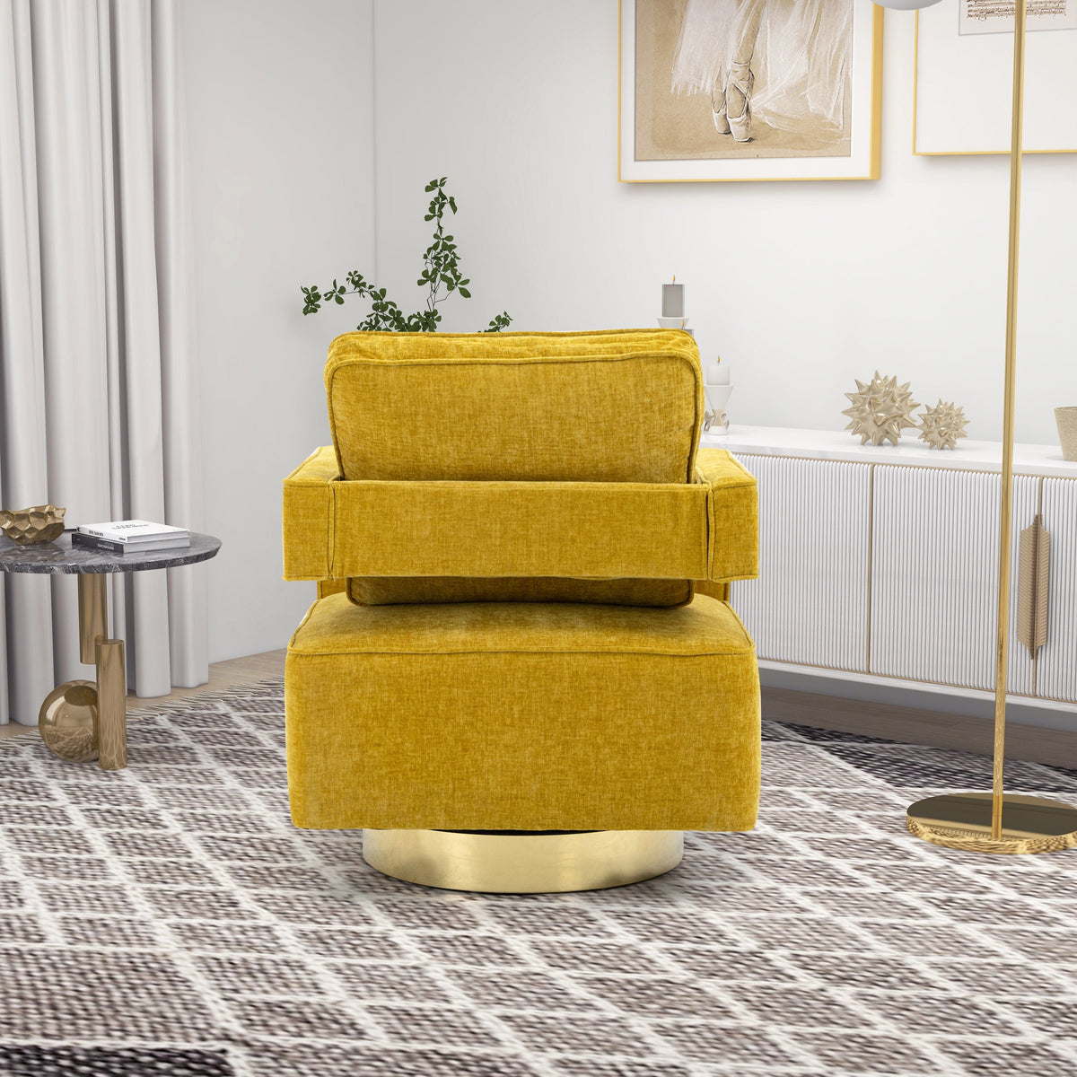 THE FURNITURE CO. Swivel Chair Open Back Mustard Chenille Swivel Accent Chair With Gold Stainless Steel Base