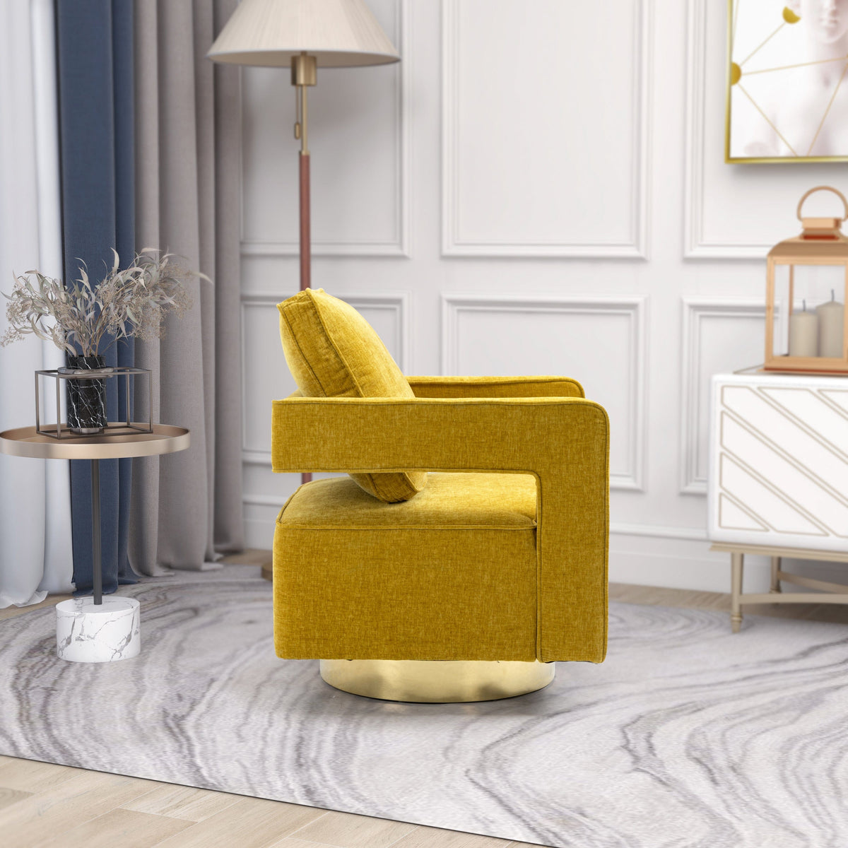THE FURNITURE CO. Swivel Chair Open Back Mustard Chenille Swivel Accent Chair With Gold Stainless Steel Base