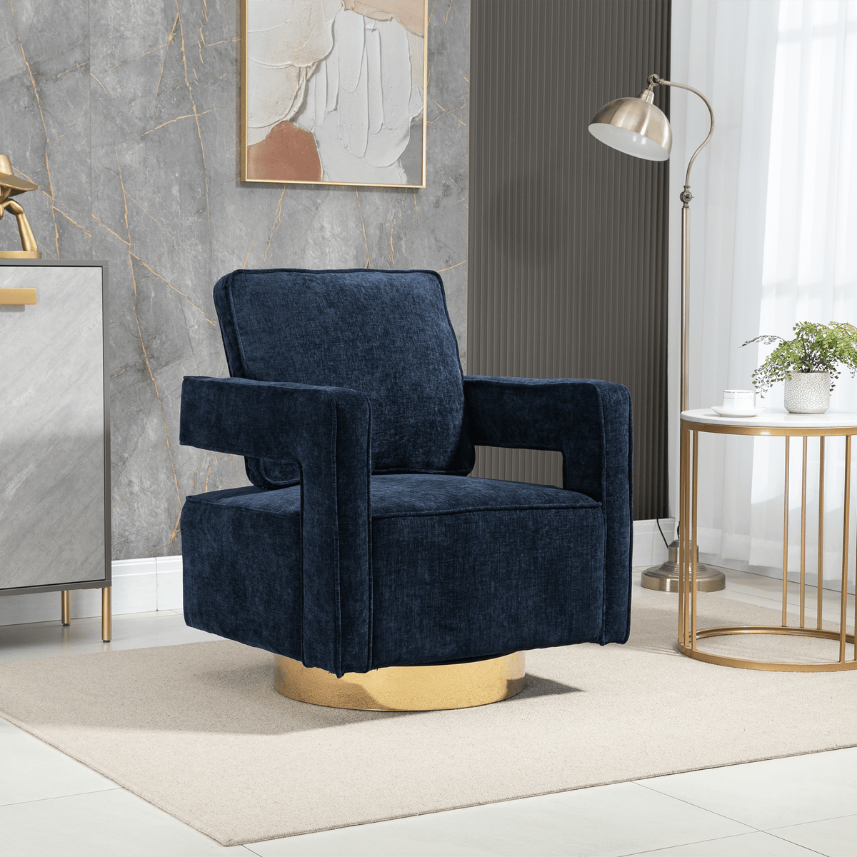 THE FURNITURE CO. Swivel Chair Open Back Navy Chenille Swivel Accent Chair With Gold Stainless Steel Base