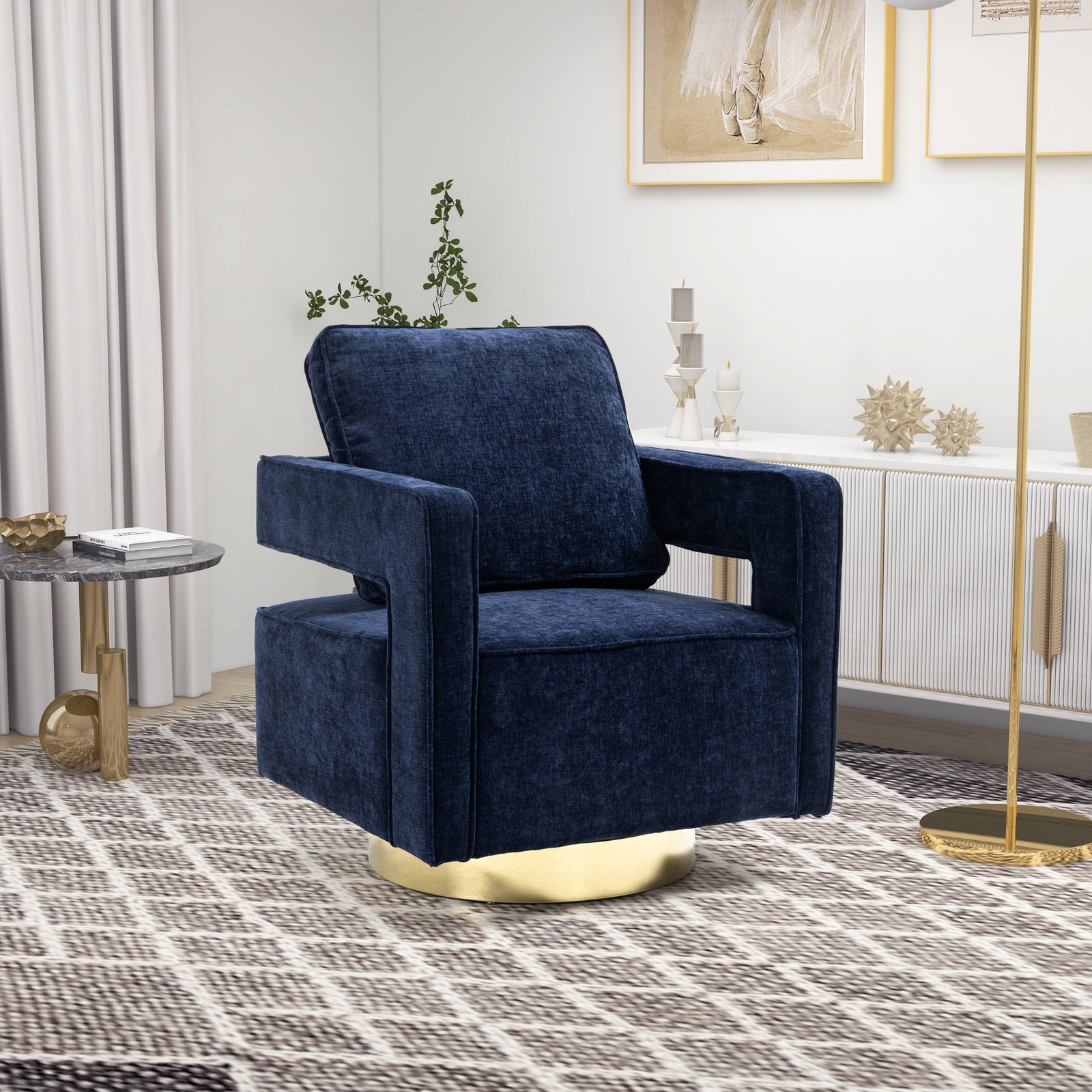 THE FURNITURE CO. Swivel Chair Open Back Navy Chenille Swivel Accent Chair With Gold Stainless Steel Base