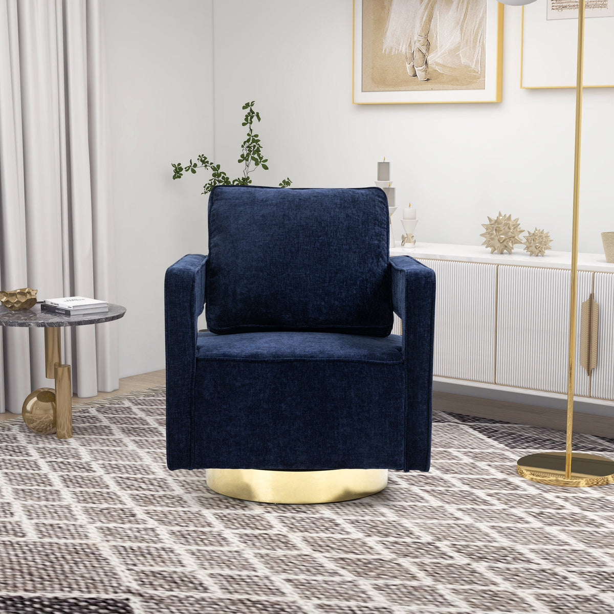THE FURNITURE CO. Swivel Chair Open Back Navy Chenille Swivel Accent Chair With Gold Stainless Steel Base