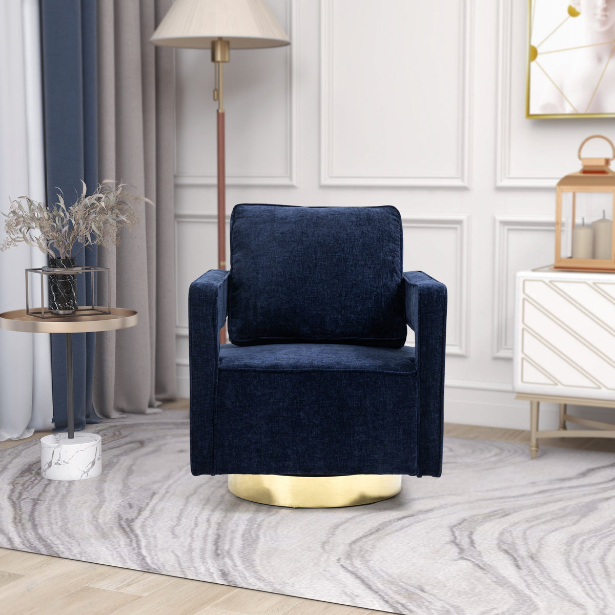 THE FURNITURE CO. Swivel Chair Open Back Navy Chenille Swivel Accent Chair With Gold Stainless Steel Base