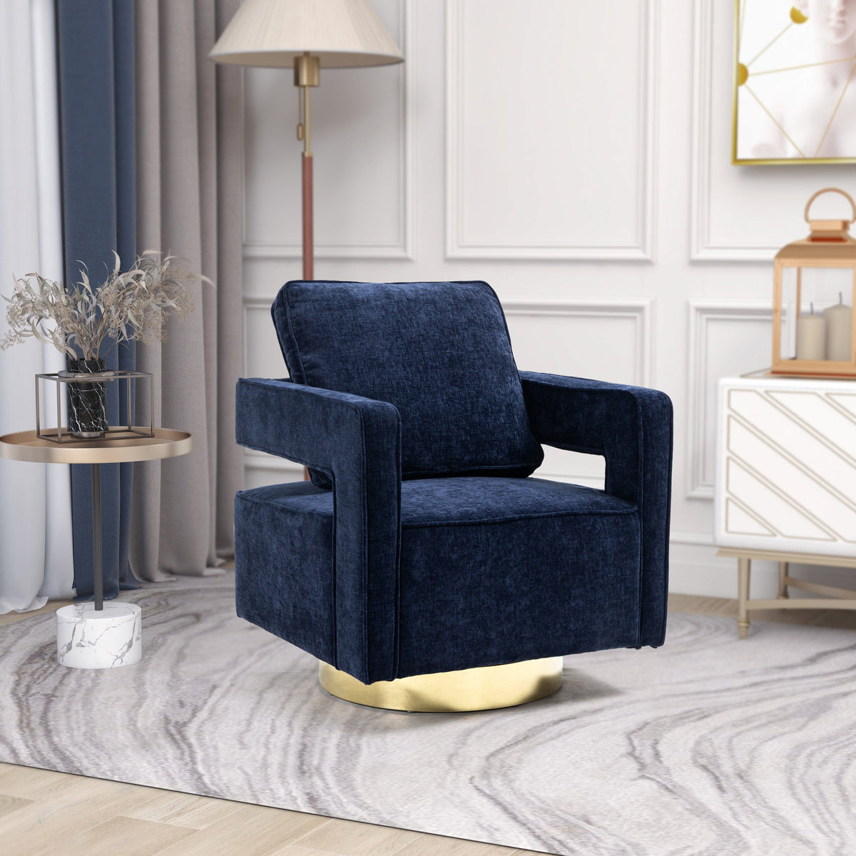THE FURNITURE CO. Swivel Chair Open Back Navy Chenille Swivel Accent Chair With Gold Stainless Steel Base