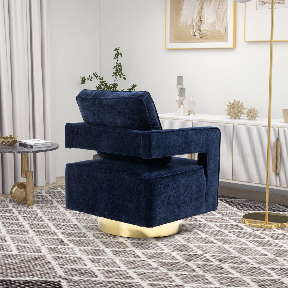 THE FURNITURE CO. Swivel Chair Open Back Navy Chenille Swivel Accent Chair With Gold Stainless Steel Base