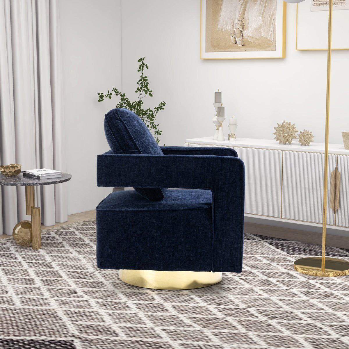 THE FURNITURE CO. Swivel Chair Open Back Navy Chenille Swivel Accent Chair With Gold Stainless Steel Base