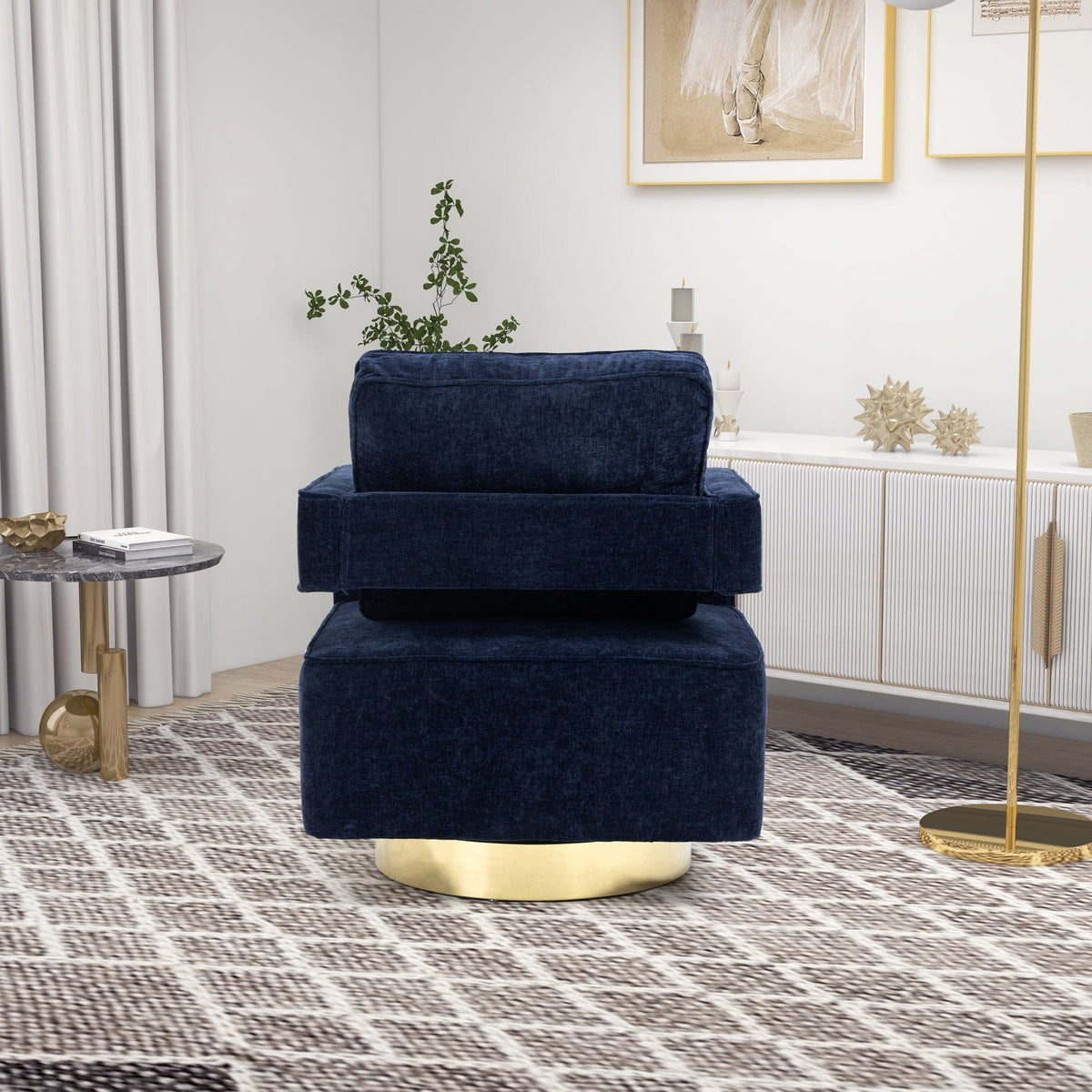 THE FURNITURE CO. Swivel Chair Open Back Navy Chenille Swivel Accent Chair With Gold Stainless Steel Base