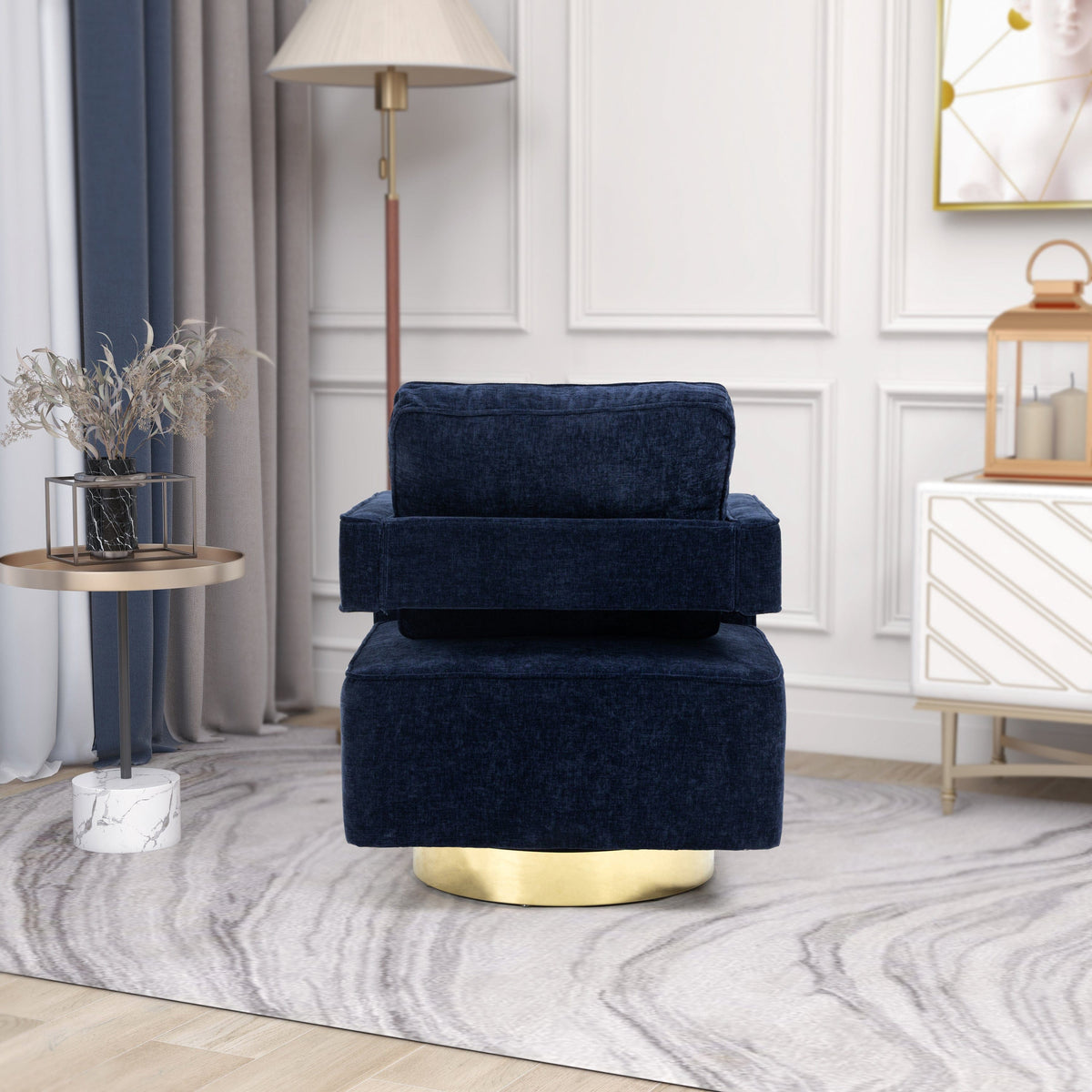 THE FURNITURE CO. Swivel Chair Open Back Navy Chenille Swivel Accent Chair With Gold Stainless Steel Base