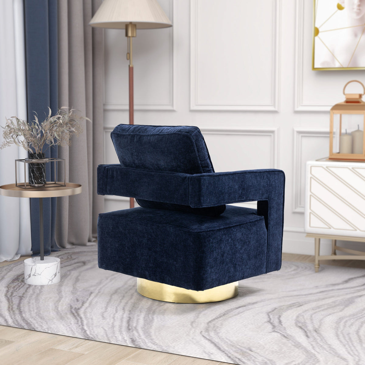 THE FURNITURE CO. Swivel Chair Open Back Navy Chenille Swivel Accent Chair With Gold Stainless Steel Base