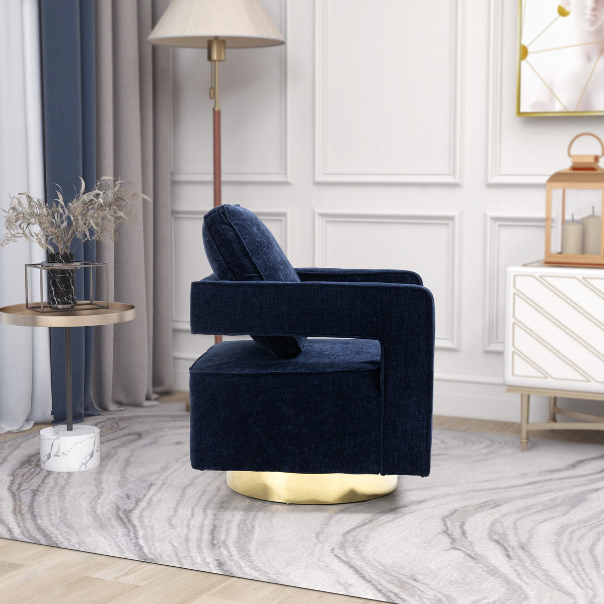 THE FURNITURE CO. Swivel Chair Open Back Navy Chenille Swivel Accent Chair With Gold Stainless Steel Base