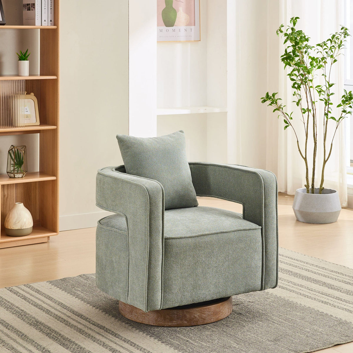 THE FURNITURE CO. Swivel Chair Pale Green Swivel Accent Chair with Weathered Solid Wood Base