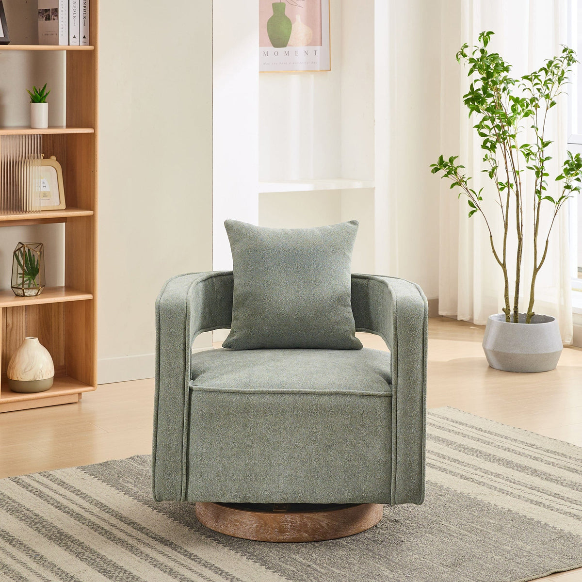 THE FURNITURE CO. Swivel Chair Pale Green Swivel Accent Chair with Weathered Solid Wood Base