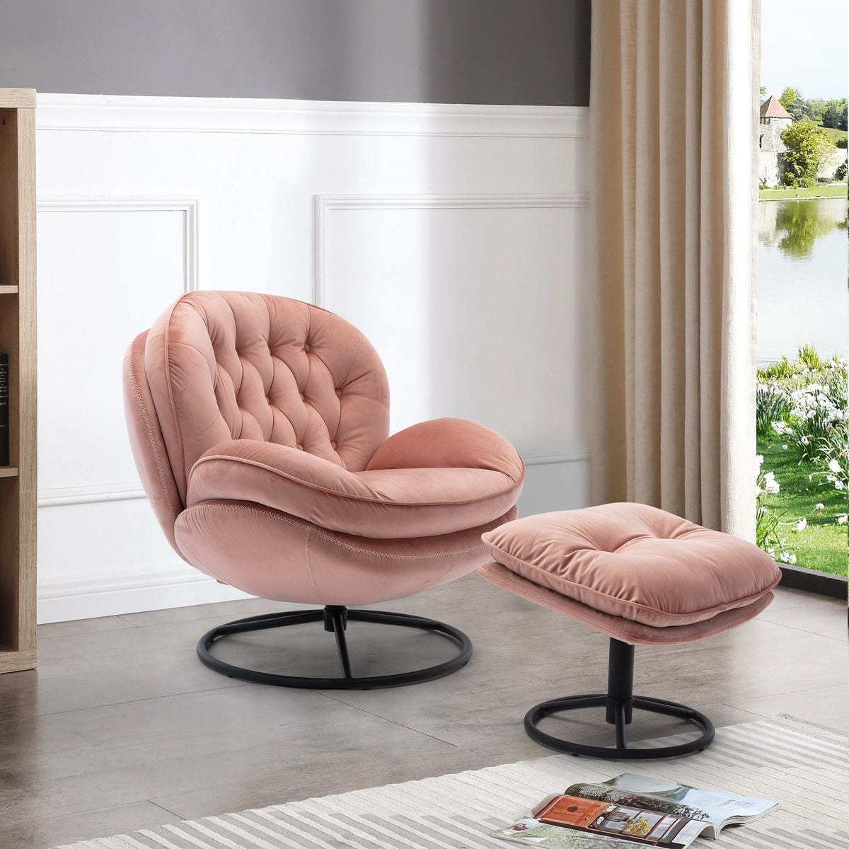 THE FURNITURE CO. Swivel Chair Pink Velvet Accent Chair with Ottoman Set