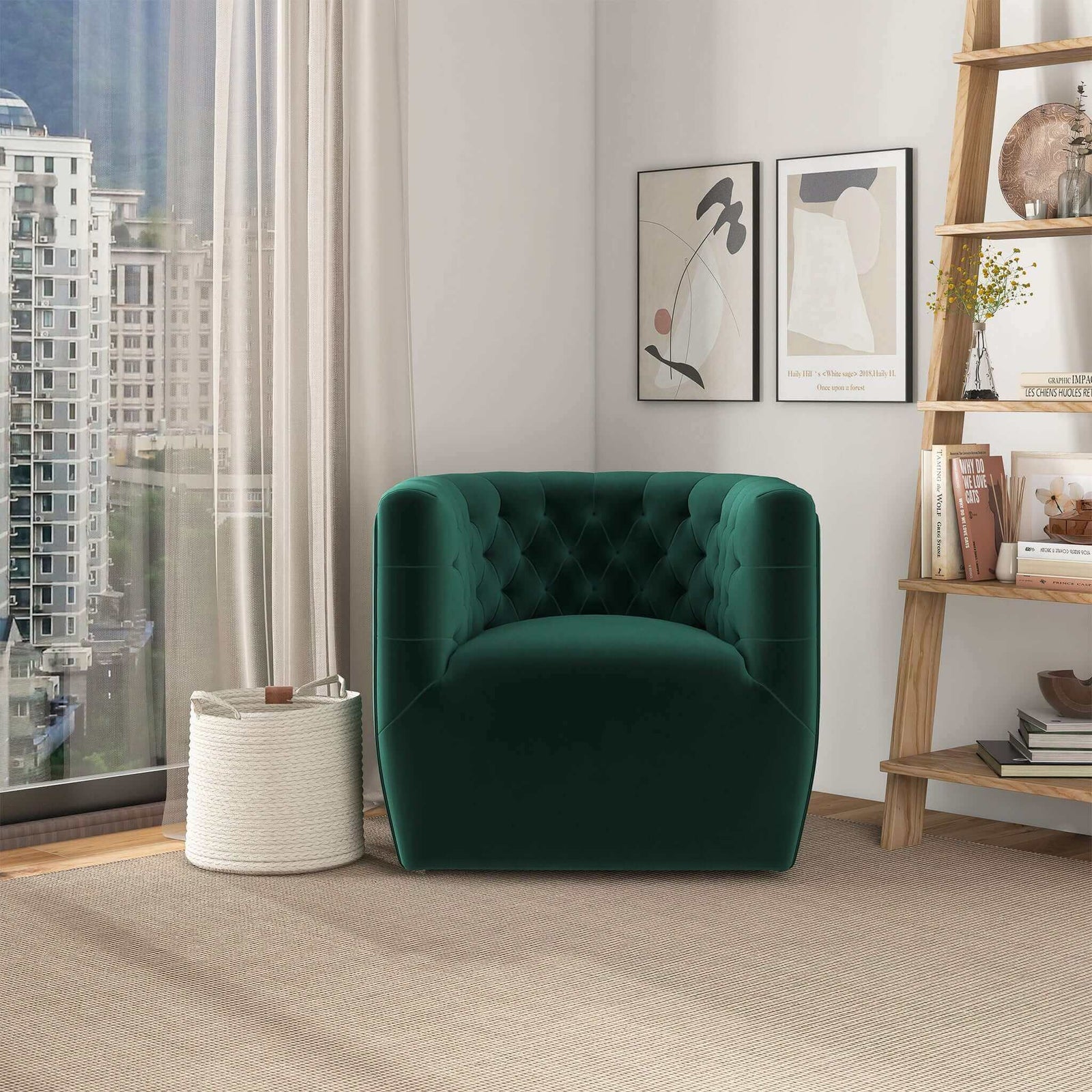 THE FURNITURE CO. Swivel Chair Plush Green Velvet Swivel Chair for Elegant Living Spaces