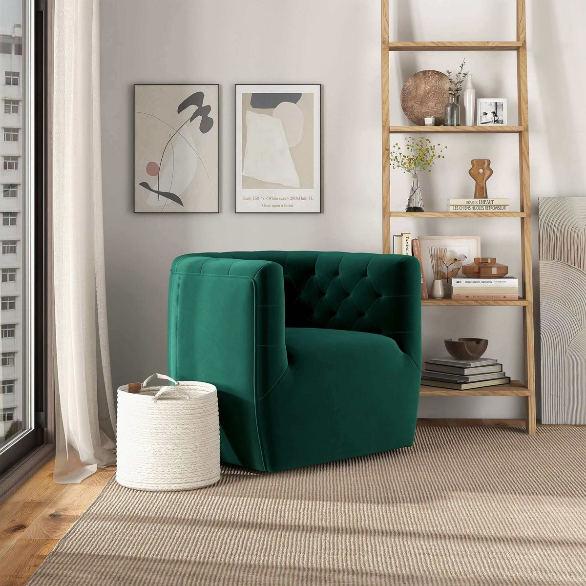 THE FURNITURE CO. Swivel Chair Plush Green Velvet Swivel Chair for Elegant Living Spaces