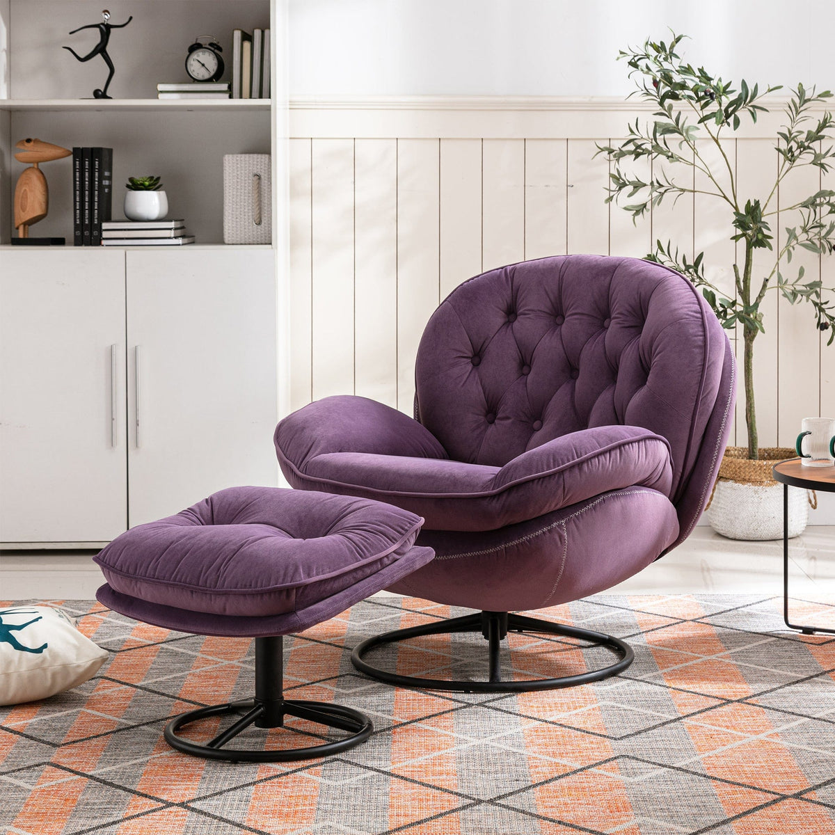 THE FURNITURE CO. Swivel Chair Purple Velvet Upholstered Chair with Ottoman