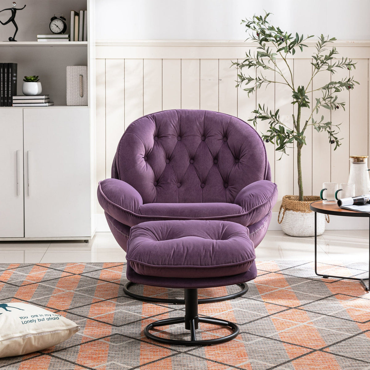 THE FURNITURE CO. Swivel Chair Purple Velvet Upholstered Chair with Ottoman