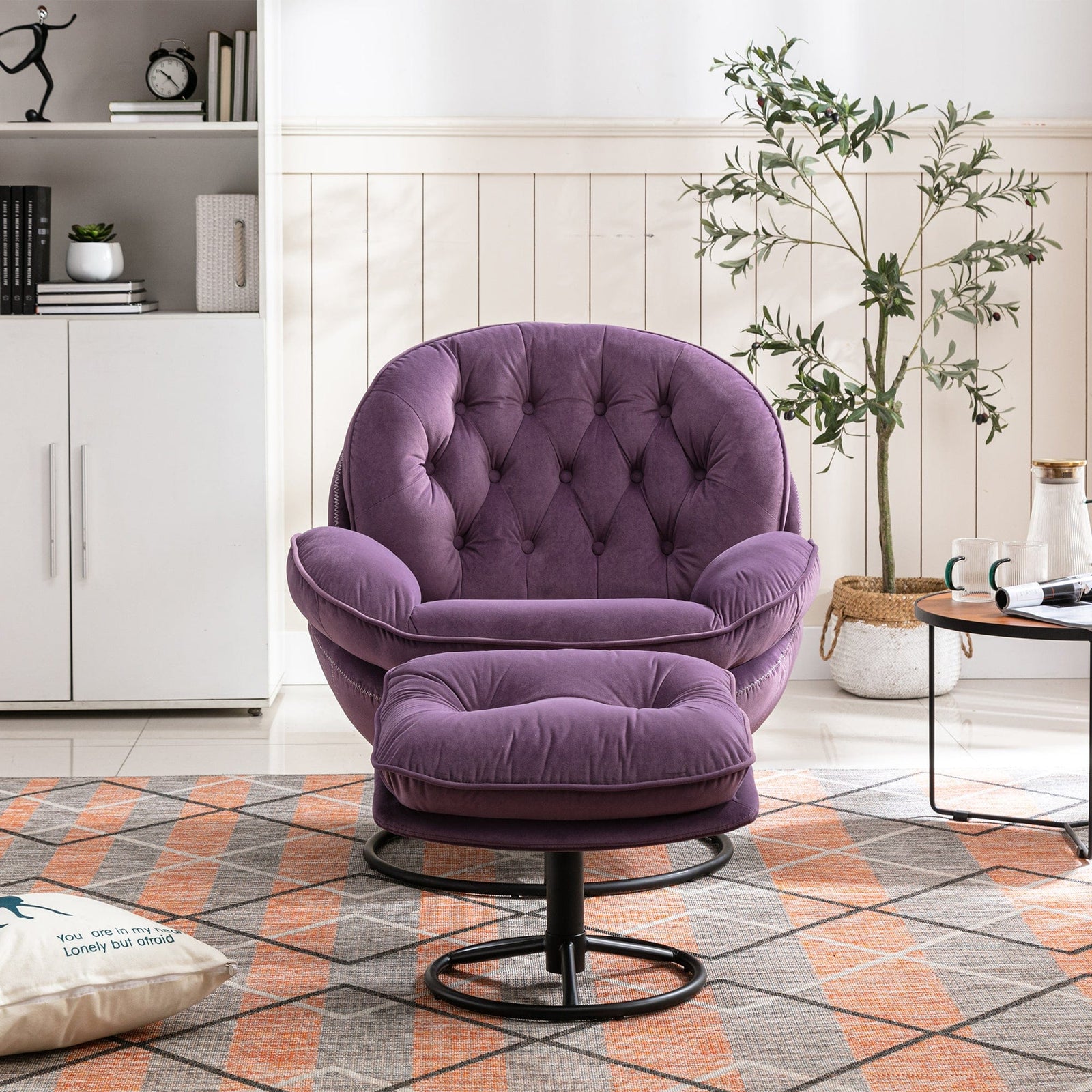 THE FURNITURE CO. Swivel Chair Purple Velvet Upholstered Chair with Ottoman