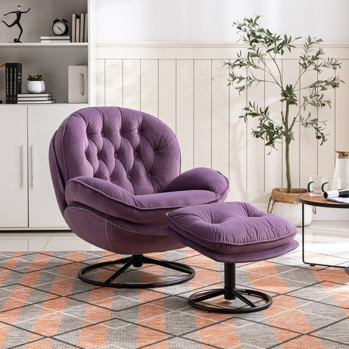 THE FURNITURE CO. Swivel Chair Purple Velvet Upholstered Chair with Ottoman