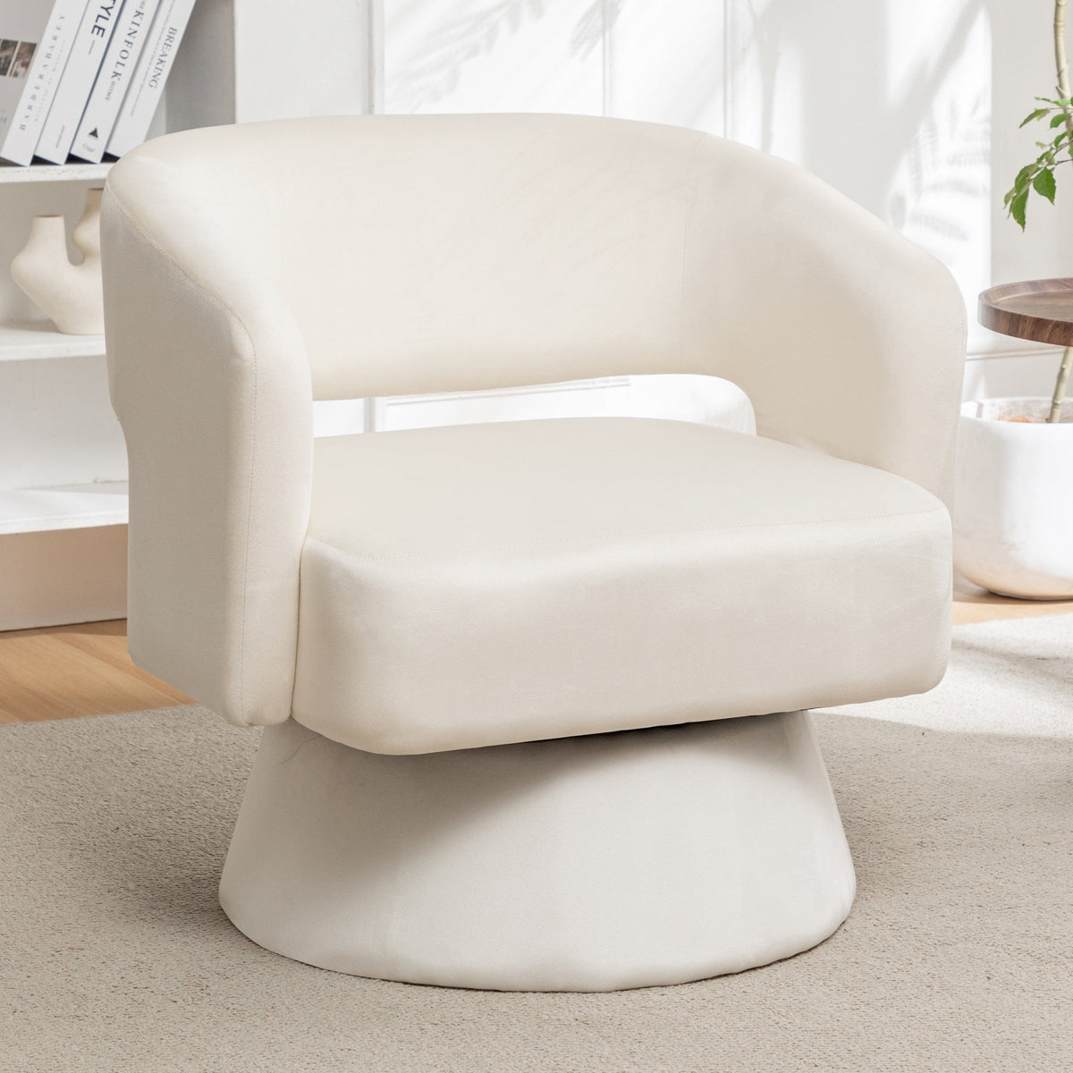 THE FURNITURE CO. Swivel Chair Swivel Barrel Accent Chair In White Velvet