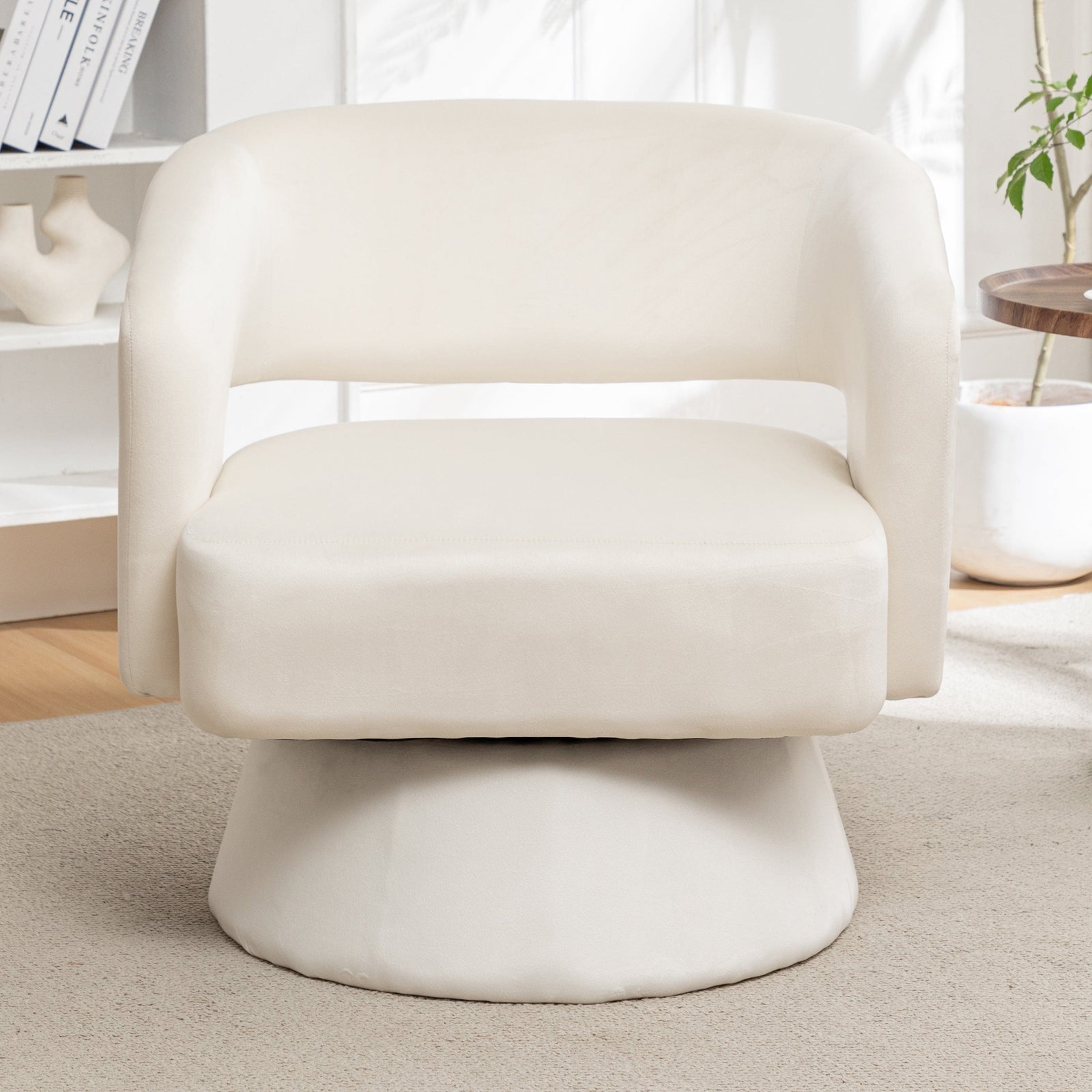 THE FURNITURE CO. Swivel Chair Swivel Barrel Accent Chair In White Velvet