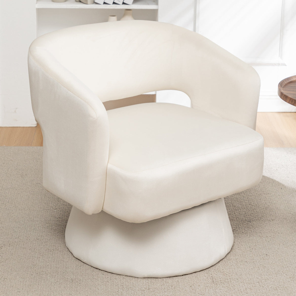 THE FURNITURE CO. Swivel Chair Swivel Barrel Accent Chair In White Velvet
