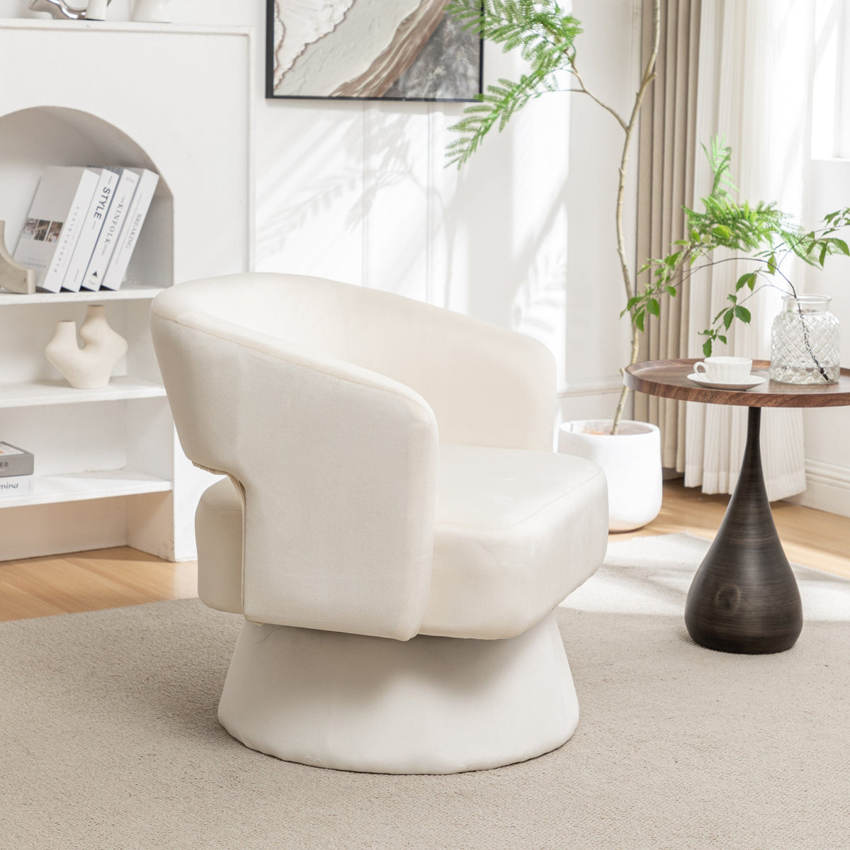 THE FURNITURE CO. Swivel Chair Swivel Barrel Accent Chair In White Velvet