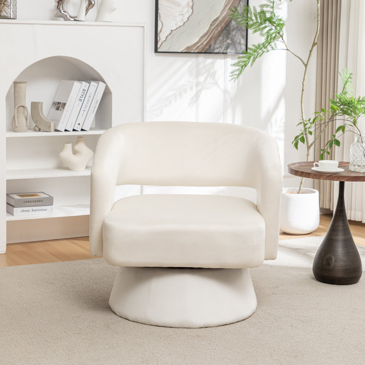 THE FURNITURE CO. Swivel Chair Swivel Barrel Accent Chair In White Velvet