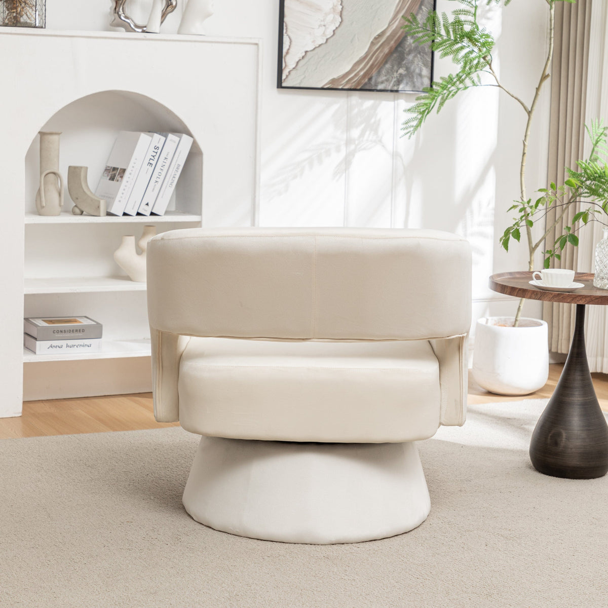 THE FURNITURE CO. Swivel Chair Swivel Barrel Accent Chair In White Velvet