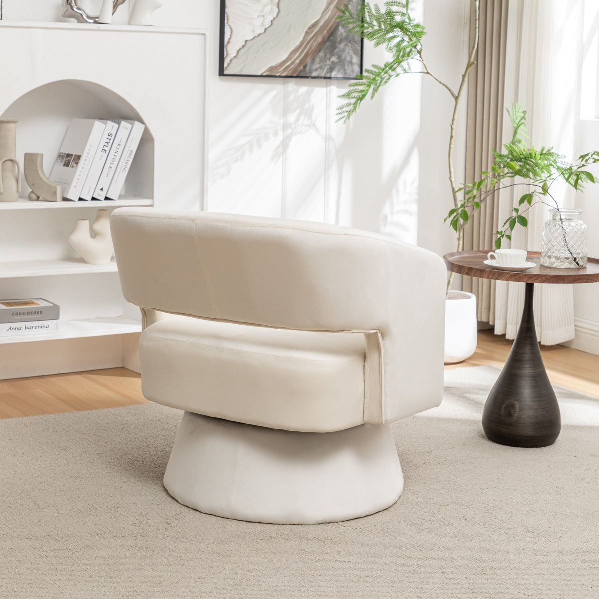 THE FURNITURE CO. Swivel Chair Swivel Barrel Accent Chair In White Velvet