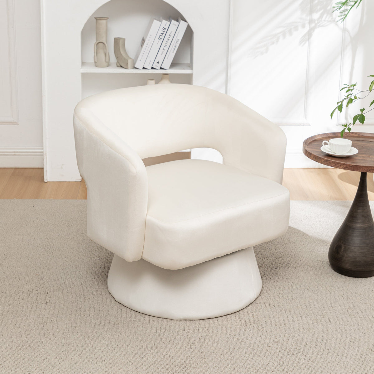 THE FURNITURE CO. Swivel Chair Swivel Barrel Accent Chair In White Velvet