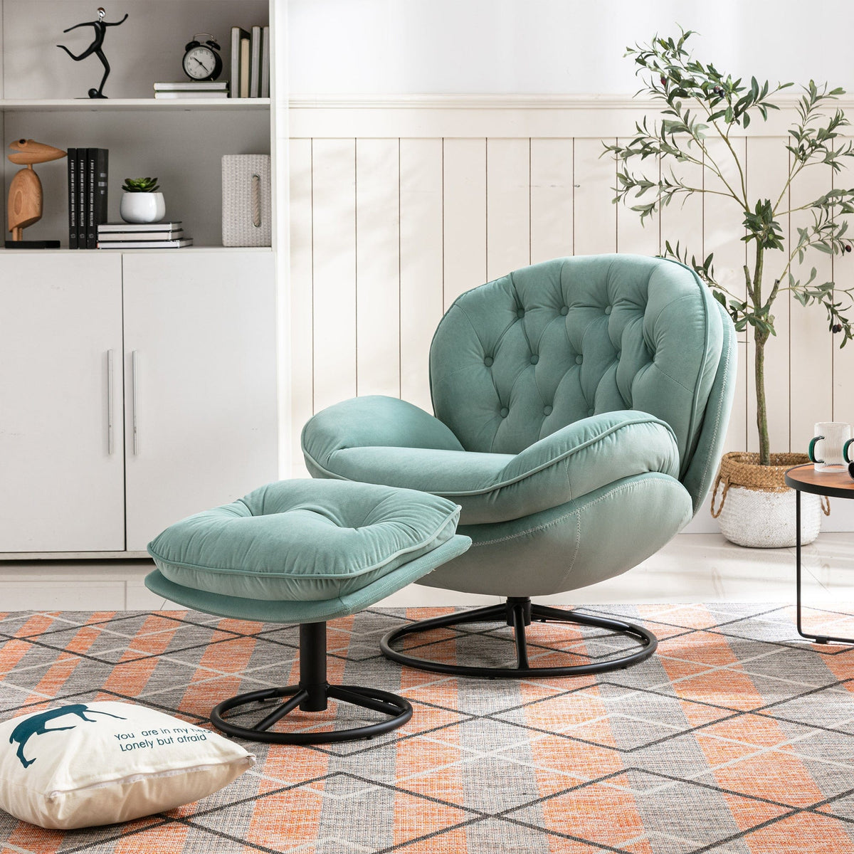 THE FURNITURE CO. Swivel Chair Teal Velvet Accent Chair with Ottoman