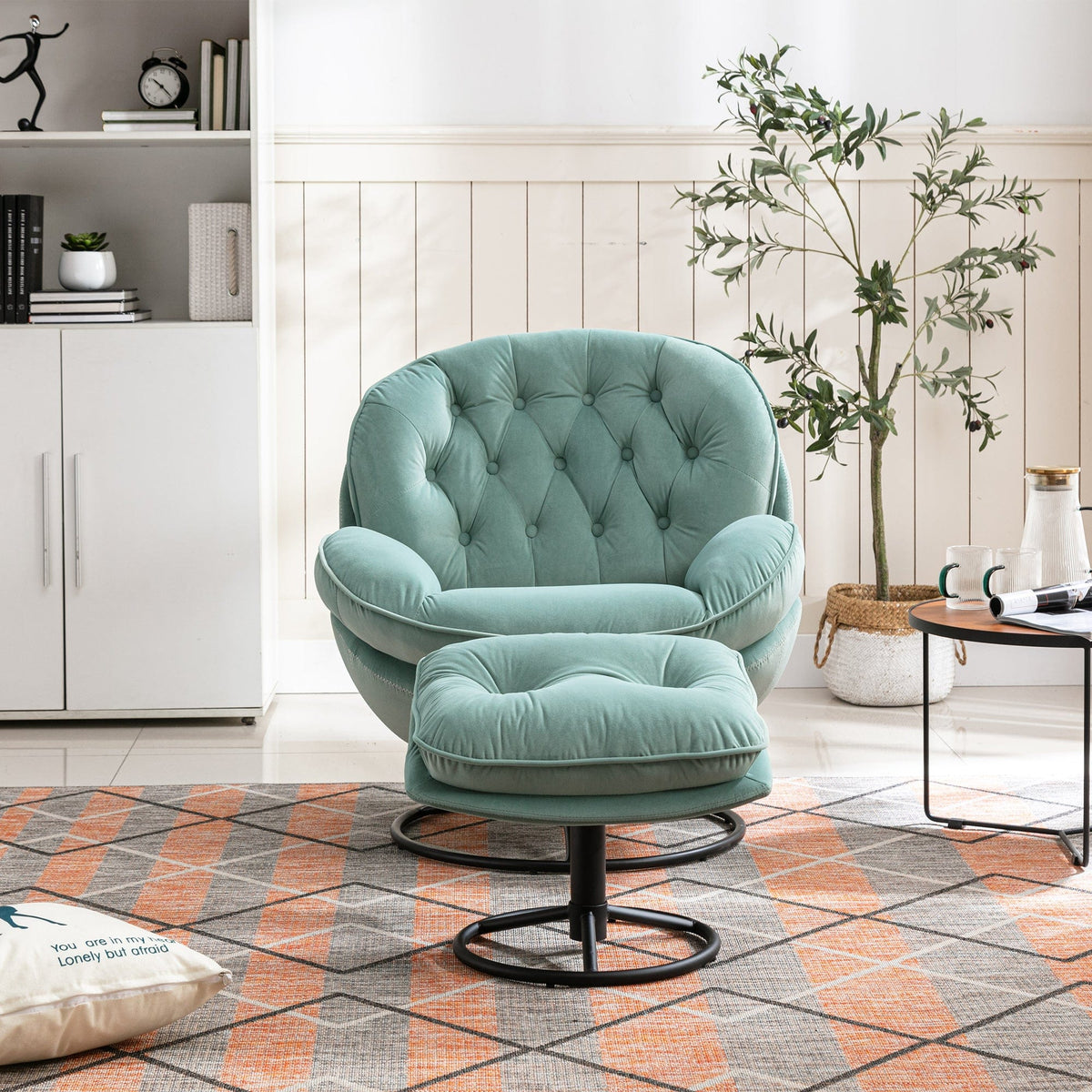 THE FURNITURE CO. Swivel Chair Teal Velvet Accent Chair with Ottoman