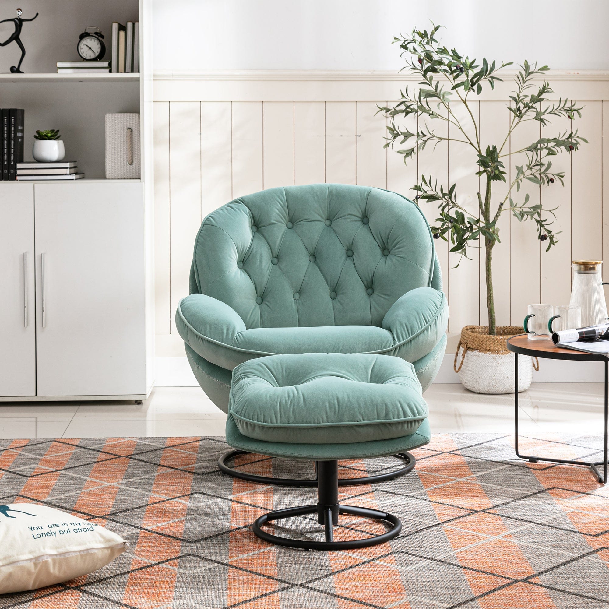 THE FURNITURE CO. Swivel Chair Teal Velvet Accent Chair with Ottoman