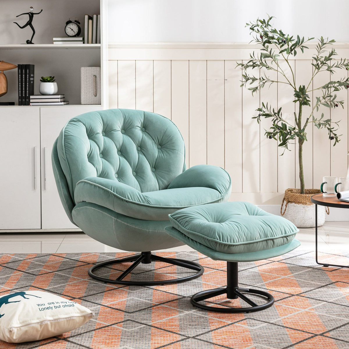THE FURNITURE CO. Swivel Chair Teal Velvet Accent Chair with Ottoman