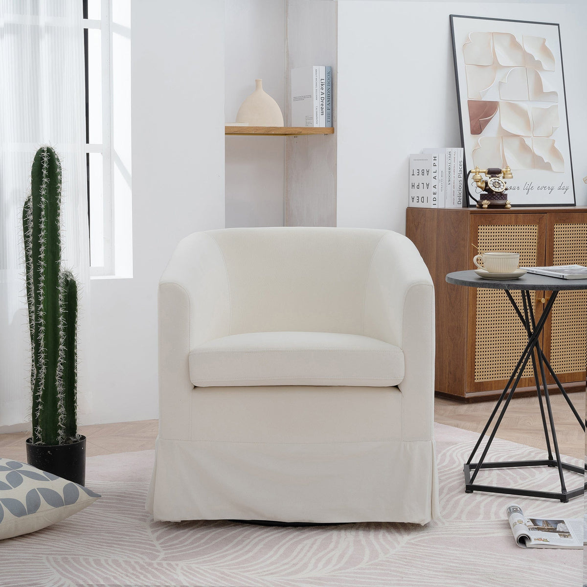 THE FURNITURE CO. Swivel Chair White Velvet Swivel Chair with 360° Rotation and Cushioned Comfort