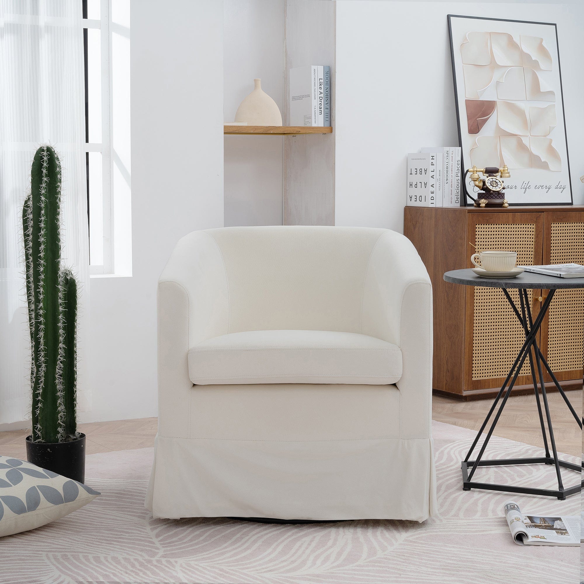 THE FURNITURE CO. Swivel Chair White Velvet Swivel Chair with 360° Rotation and Cushioned Comfort