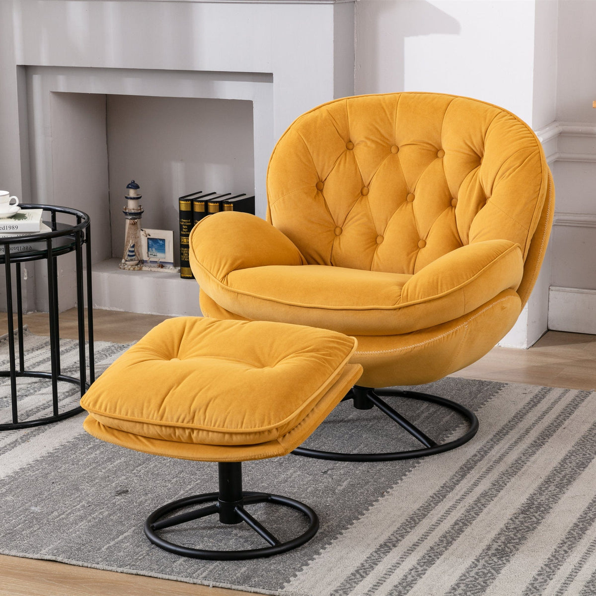 THE FURNITURE CO. Swivel Chair Yellow Velvet Swivel Accent Chair with Ottoman