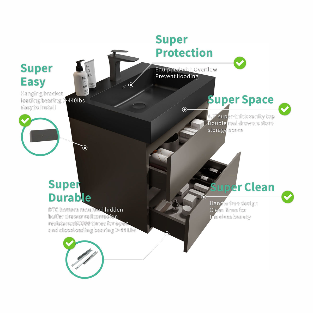 THE FURNITURE CO. Vanity Default 24 Gray Bathroom Vanity with Sink and Storage Wall Mounted Modern Design In Gray