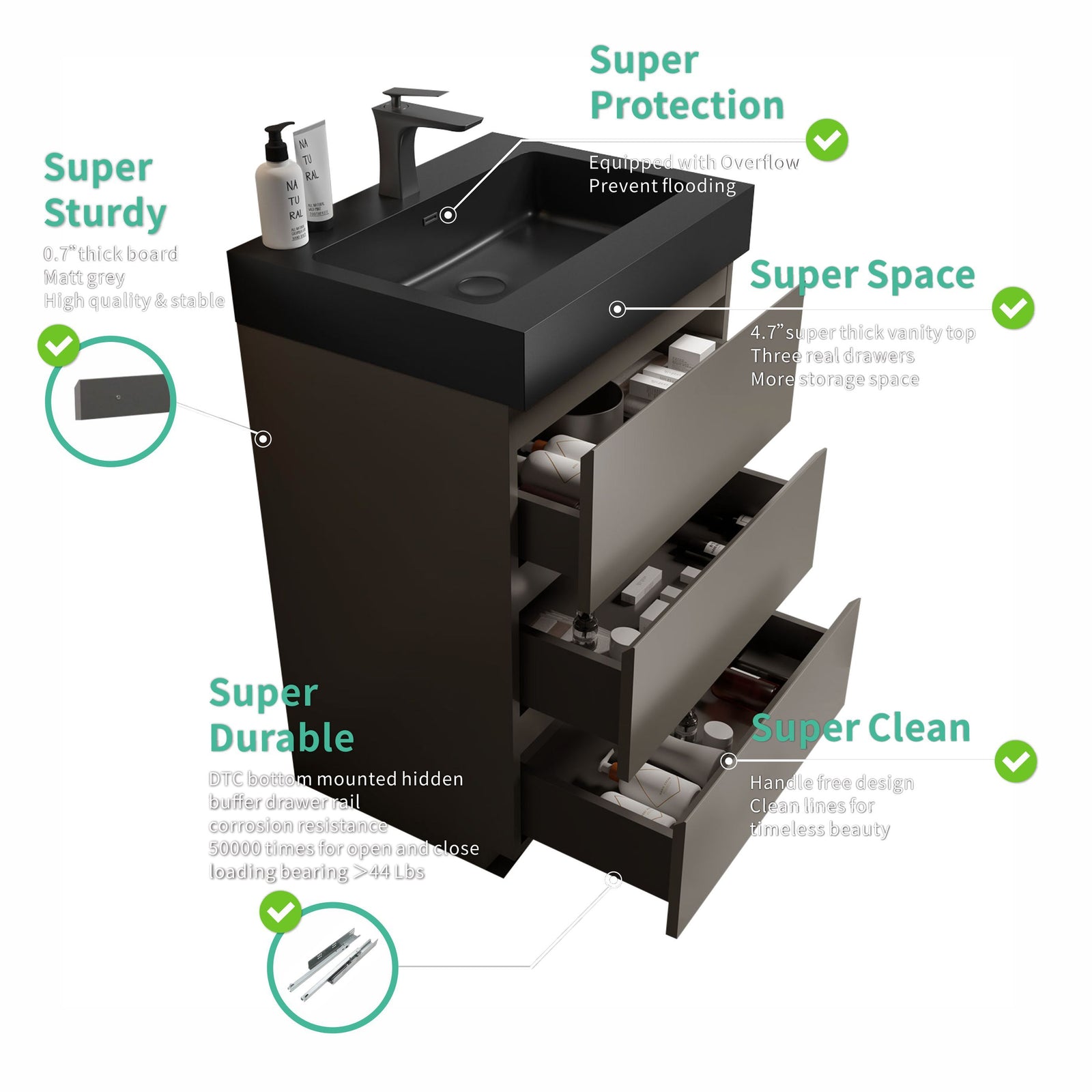 THE FURNITURE CO. Vanity Default 24 Gray Bathroom Vanity with Sink Large Storage Freestanding Design One-Piece Black Basin Pre-assembled In Gray