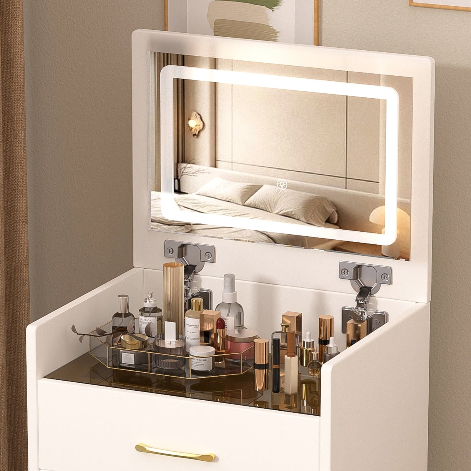 THE FURNITURE CO. Vanity Default 3 In 1 Vanity Desk With Open Top Mirror And Glass Surface Compact Makeup Vanity With 3 Drawers In White