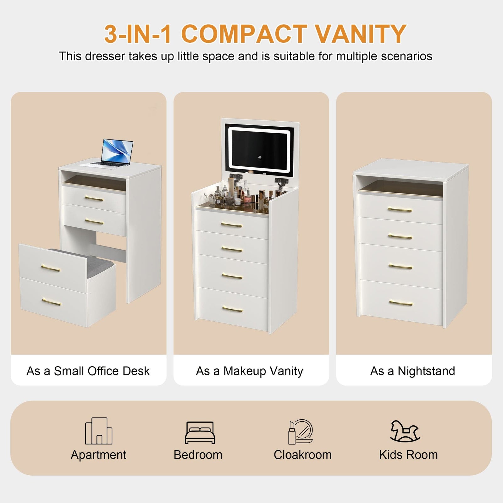 THE FURNITURE CO. Vanity Default 3 In 1 Vanity Desk With Open Top Mirror And Glass Surface Compact Makeup Vanity With 3 Drawers In White